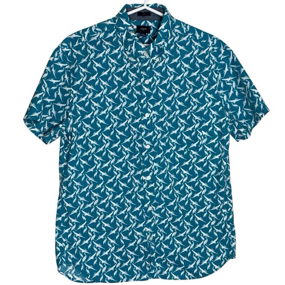 J Crew Shirt Mens L Blue Button Down Slim Fit Hawaiian Casual Birds Beach Preppy - Picture 1 of 11